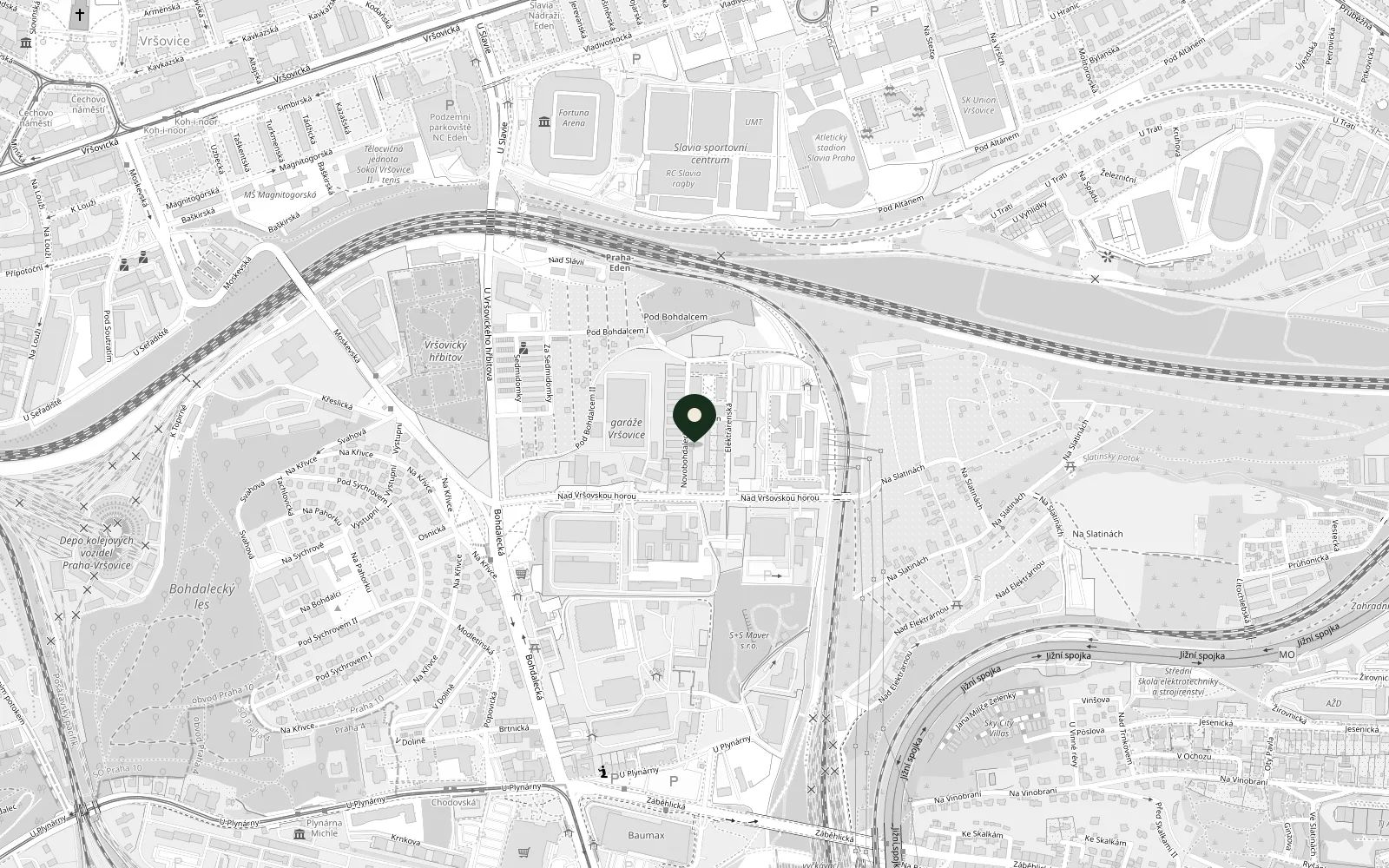 Mapa okolí truhlárny Ma Maison: areál u ulice Nad Vršovskou horou v Praze 10, poblíž stadionu Eden